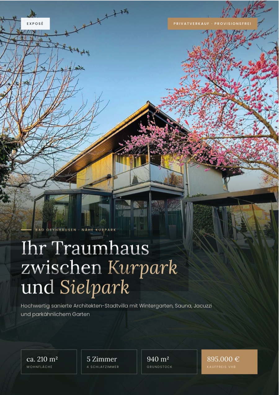 Titelseite des Exposés: Architekten-Stadtvilla in Bad Oeynhausen, etwa 210 Quadratmeter, 895.000 Euro